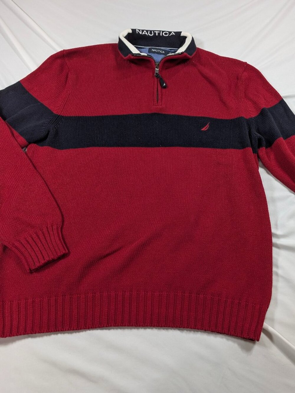Nautica 1/4 Zip Pullover Sweater Red Navy Striped Spellout Collar XL